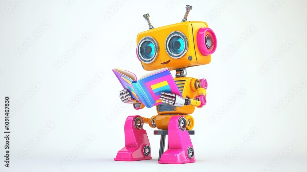 Poster colorful robot character engaged in reading an interactive book with bright illustrations and a happ