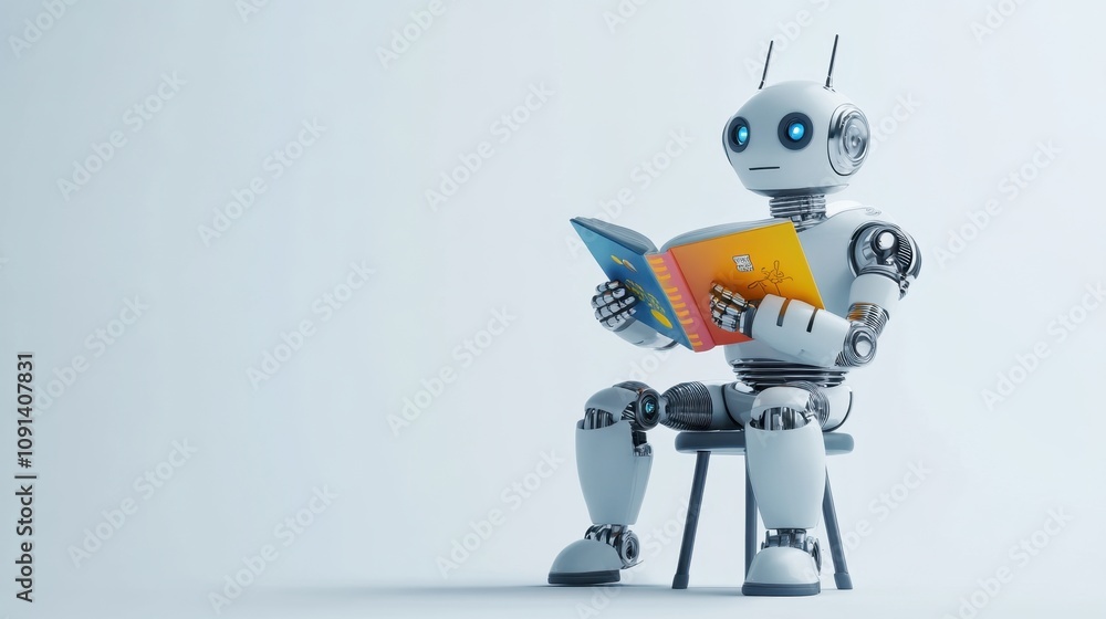 Poster robot reading book on chair in minimalist environment, showcasing the intersection of technology and