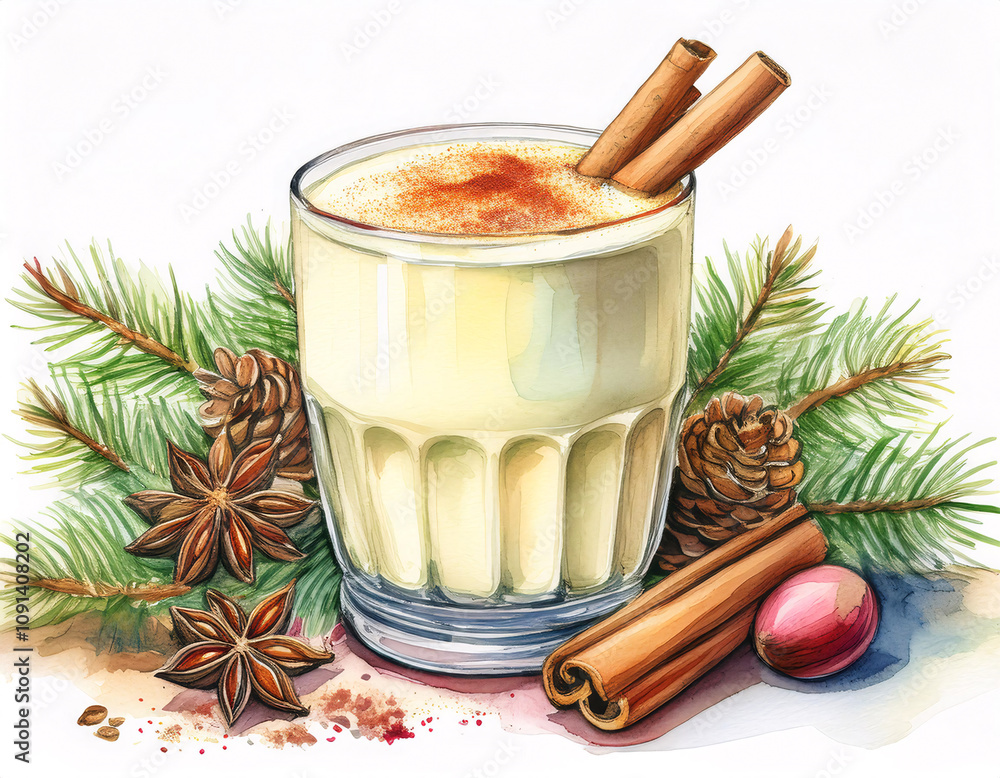 Wall mural A festive watercolor illustration of a glass of eggnog with cinnamon sticks and star anise, surrounded by fir branches