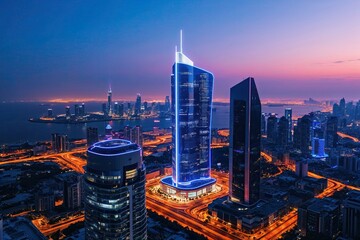 Obraz premium Luminous Neon Dusk in a Tech-Driven Cityscape: Captivating Urban Panorama of Modernity and Tomorrow