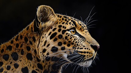 Obraz premium A leopard in profile, close-up of the head with yellow and black spots on it, black background, vector drawing