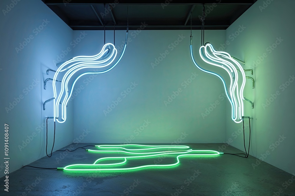 Poster surreal minimalist 3d neon display with flowing blue and green currents and pulsating light energy