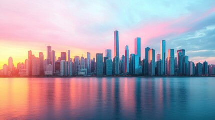 Fototapeta premium decision-making strategy and critical thinking concept, A vibrant city skyline at sunset, featuring modern skyscrapers reflected in calm waters, showcasing a blend of colors in the sky.