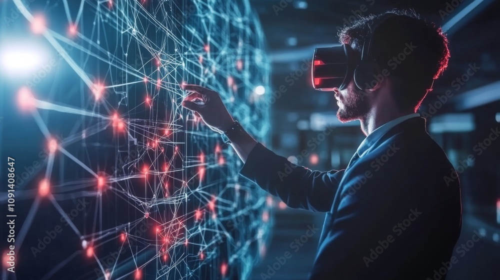 Aufkleber A man in a suit uses a virtual reality headset to interact with a complex digital network displayed on a large screen.