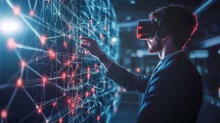 A man in a suit uses a virtual reality headset to interact with a complex digital network displayed on a large screen.