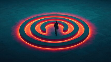 Fototapeta premium decision-making strategy and critical thinking concept, A solitary figure stands within a glowing, circular maze, illuminated by vibrant red light against a dark background.