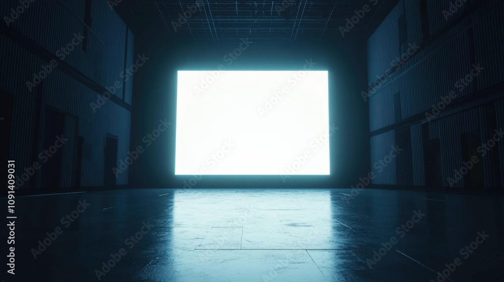 Aufkleber dark warehouse with empty large screen illuminating floor reflection in a minimalistic space, perfec