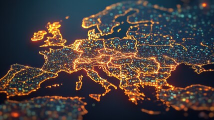 Obraz premium Illuminated Map of Europe at Night with Vibrant City Lights and Intricate Road Networks Highlighting Major Urban Areas and Natural Features