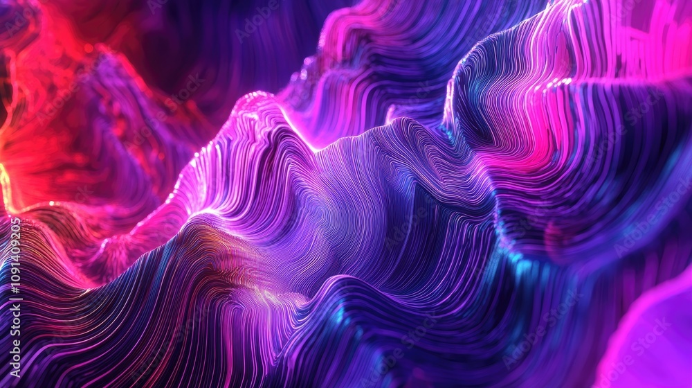Fototapete Vibrant 3D rendering showcasing an abstract psychedelic landscape with glowing lines and neon lights, featuring swirling ultraviolet and vivid colors that create a mesmerizing visual experience. Ideal