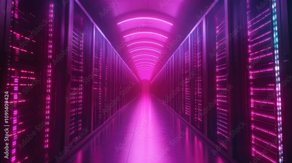 Poster futuristic digital technology tunnel illuminated by vibrant neon pink lights, lined with high-tech s
