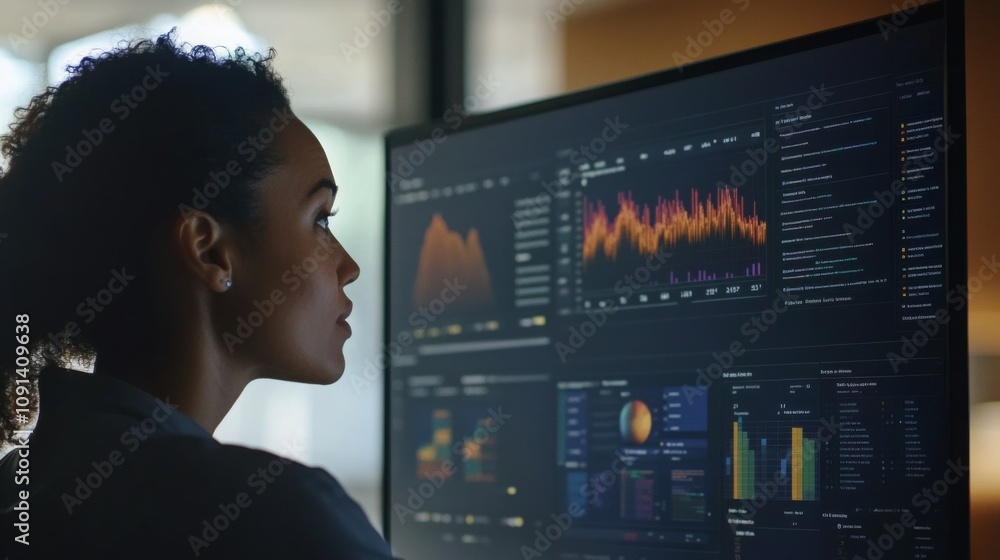 Poster A focused woman examines complex data visualizations displayed on a large monitor in a contemporary office. She reviews graphs and statistics, highlighting her analytical skills during work hours.