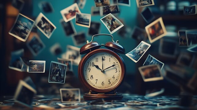 many photos floating past an analog clock on a dark background, with depth of field. Time, eternity, metaphor of the universe. - Powered by Adobe