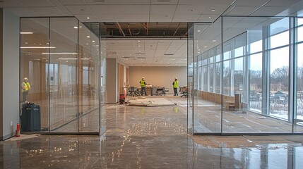 Office Building Interior Under Construction Workers Present