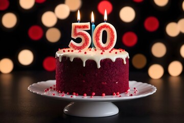 50th birthday cake with wfrosting and number 50 candle, isolated on dark background with bokeh lights