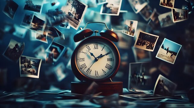 many photos floating past an analog clock on a dark background, with depth of field. Time, eternity, metaphor of the universe.