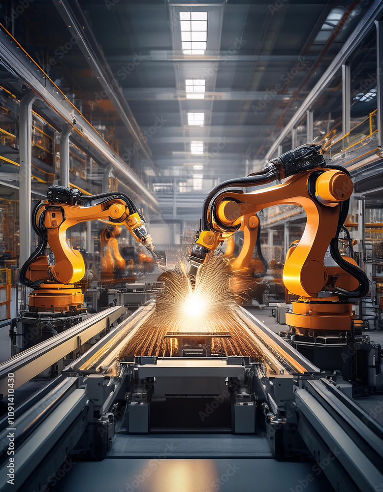 Poster industrial robots working on a production line in a factory