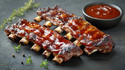 Mouthwatering Barbecue Ribs Glazed with Sweet Sauce on a Rustic Plate with Fresh Herbs and a Bowl of Tangy Sauce for a Delicious Culinary Experience