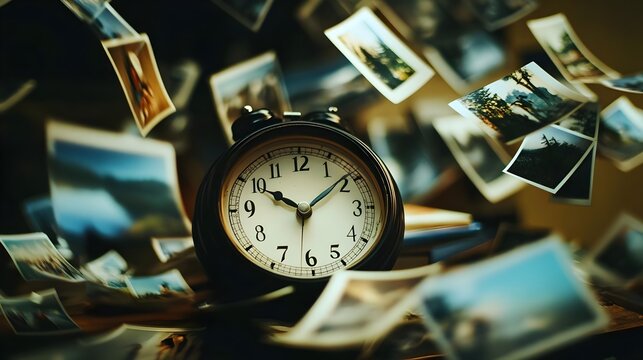 many photos floating past an analog clock on a dark background, with depth of field. Time, eternity, metaphor of the universe.