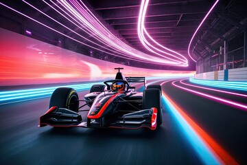 Obraz premium Innovative Track Racer on Luminescent Route with Dynamic Light Streams and 3D Scene Elements