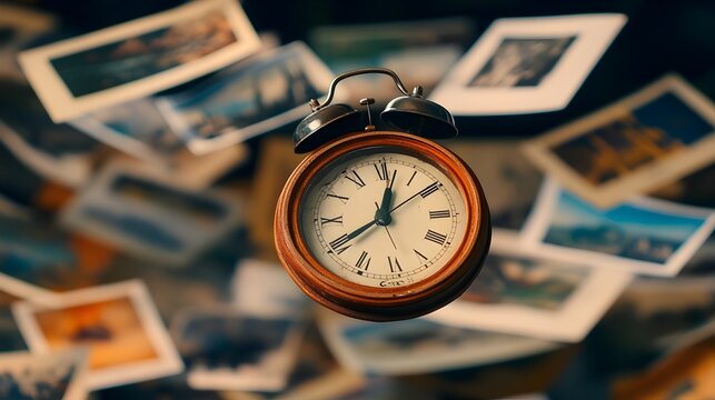 many photos floating past an analog clock on a dark background, with depth of field. Time, eternity, metaphor of the universe.