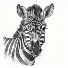 illustration of a black and white zebra on charcoal drawing isolated on white background