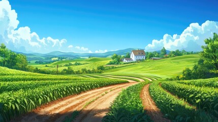 Naklejka premium Lush green crop rows winding toward a charming farmhouse amidst rolling hills under a bright blue sky with fluffy clouds and ample copy space