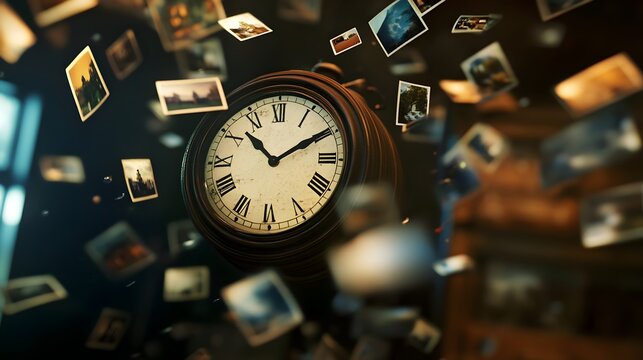 many photos floating past an analog clock on a dark background, with depth of field. Time, eternity, metaphor of the universe.