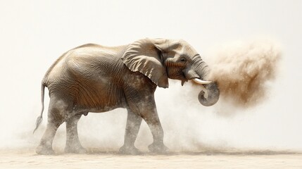 Fototapeta premium An elephant throwing dust in a dry environment, showcasing its majestic presence.