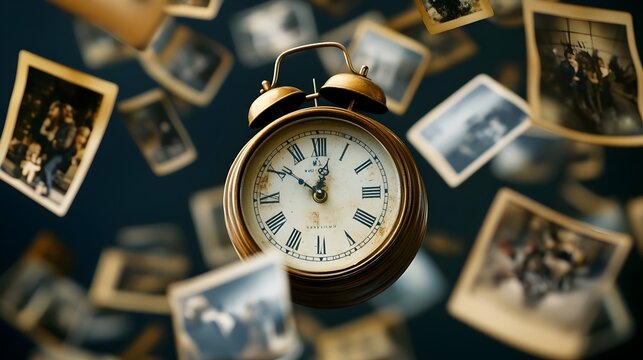 many photos floating past an analog clock on a dark background, with depth of field. Time, eternity, metaphor of the universe.