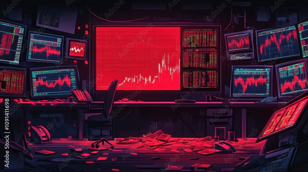 Poster dramatic trading floor with red market data displaying signs of decline and chaos amidst a messy wor