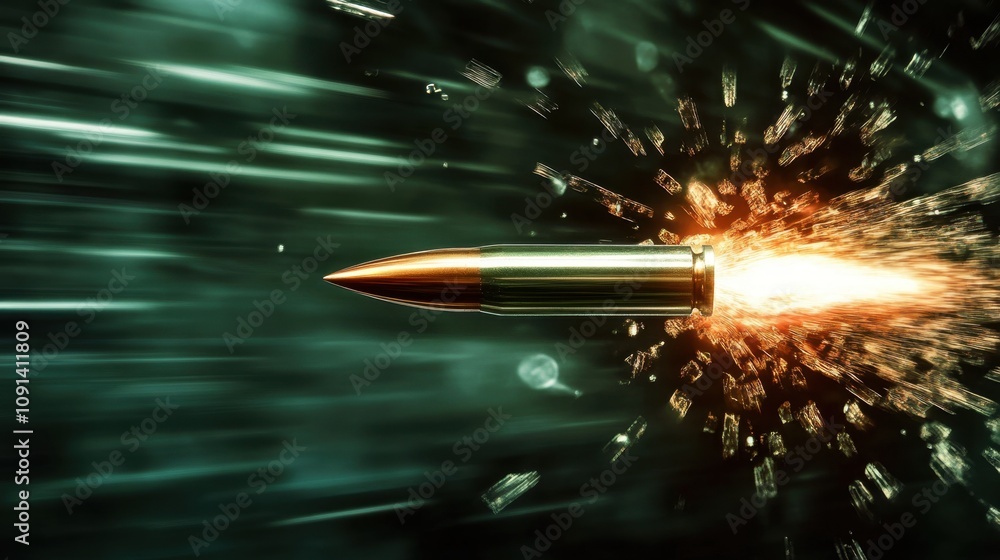 Poster high-speed bullet in motion with dramatic explosion effect and dynamic background, capturing the ess