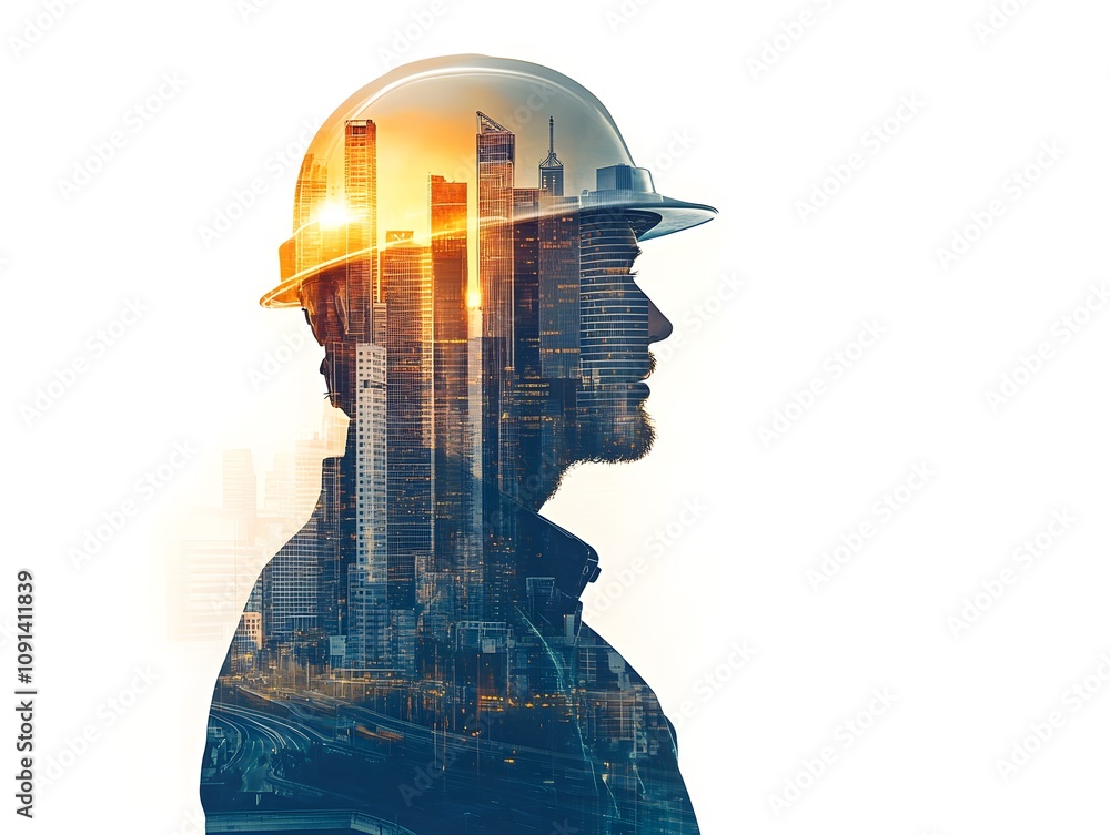 Poster profile of a construction worker in double exposure with urban skyline at sunset, symbolizing progre