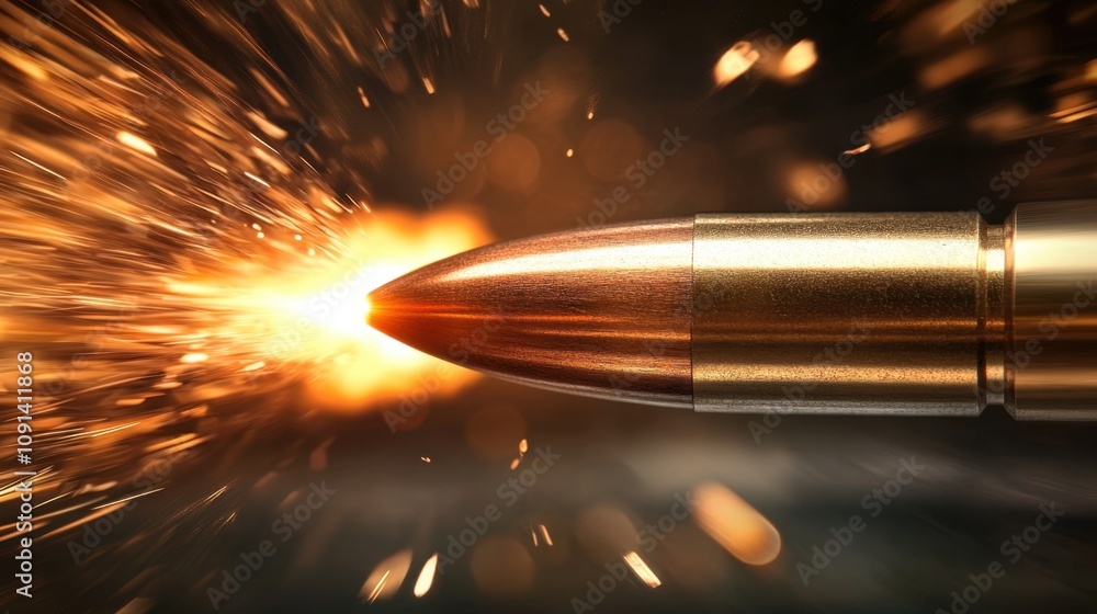 Poster dynamic close-up of a bullet in motion with sparks and flame, capturing the intensity and power of f
