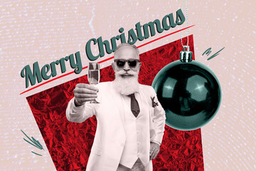 Composite photo collage of happy old man hold champagne beverage toast new year wish toast bauble...