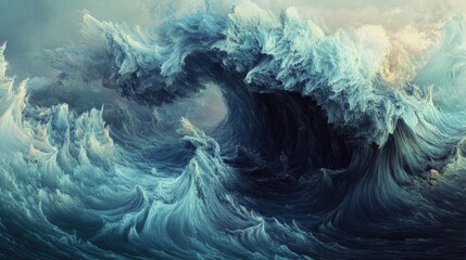 Surreal Abstract Marine Artwork Depicting Dramatic Ocean Waves with Swirling Textures and Vivid Color Gradients, Evoking a Sense of Movement and Depth