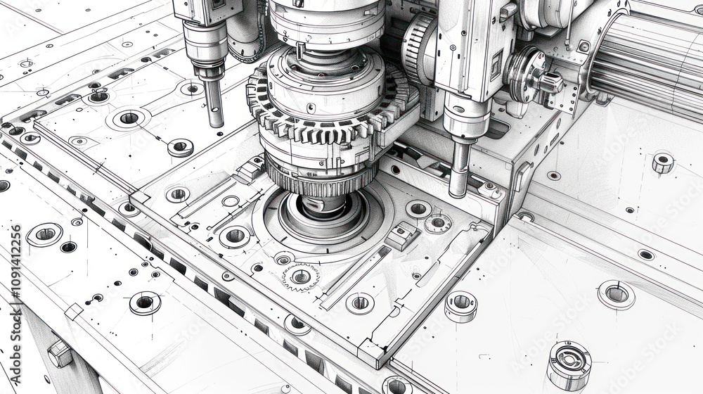 Poster detailed technical drawing of a complex machine part.