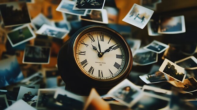 many photos floating past an analog clock on a dark background, with depth of field. Time, eternity, metaphor of the universe.