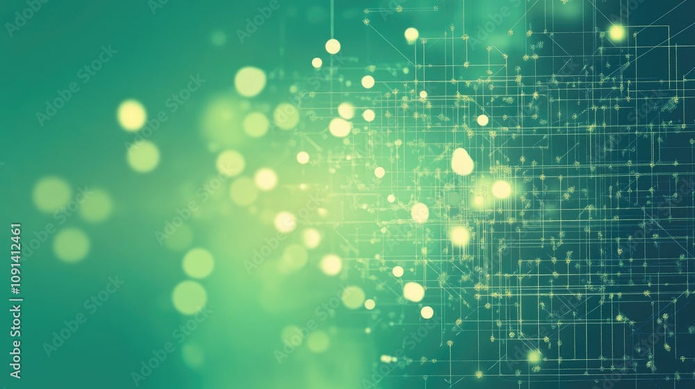 Poster vibrant abstract background featuring a blend of soft green hues, glowing circular lights, and intri