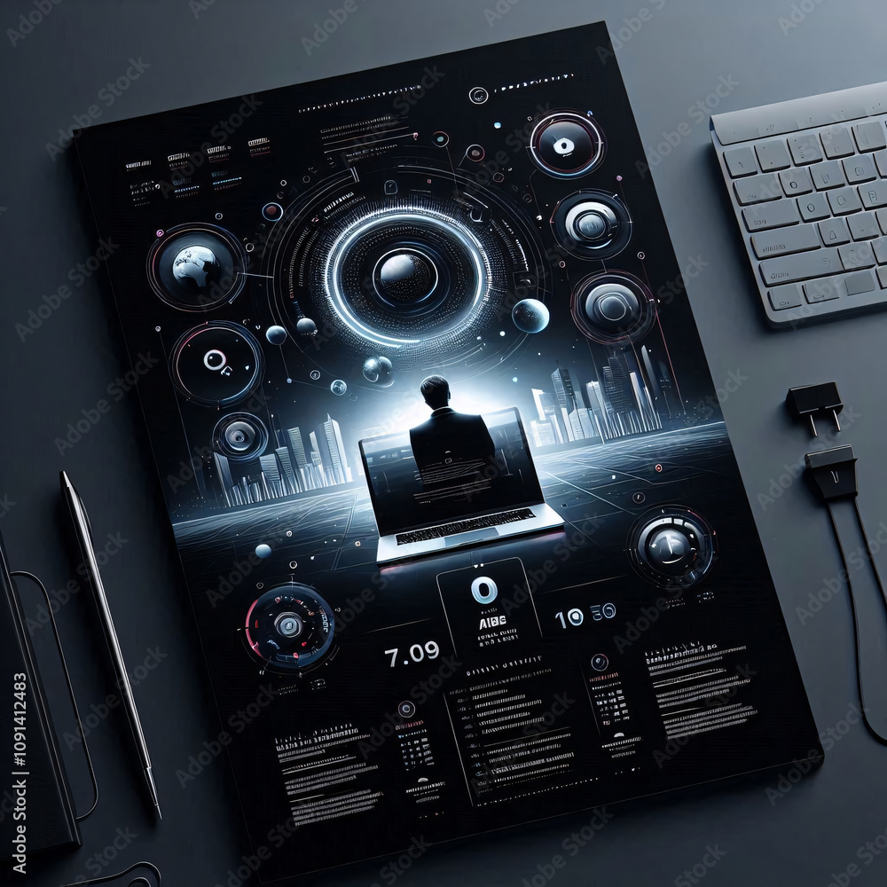 Poster a futuristic illustration of a man working on a laptop, surrounded by data visualizations and a glow