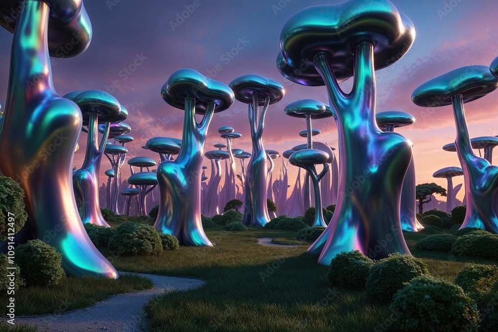 Poster iridescent 3d forest animation with fluid shapes and twilight atmosphere