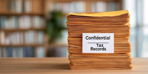 A stack of confidential tax records placed on a wooden table with blurred bookshelves in the background, suggesting an organized office environment.