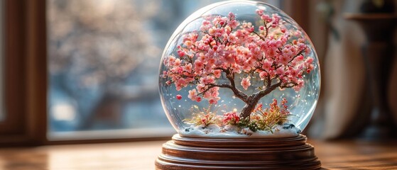 A decorative snow globe featuring a cherry blossom tree surrounded by a serene atmosphere.