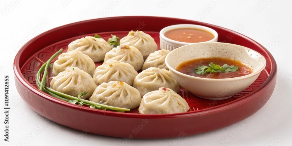Poster dumpling delight a red round plate filled with steaming dumplings arranged in a circular pattern wit