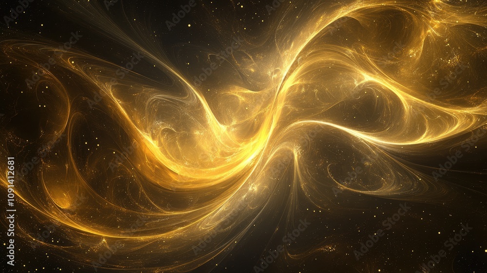 Poster golden abstract swirl with dynamic waves of light, showcasing luminous particle effects against a de
