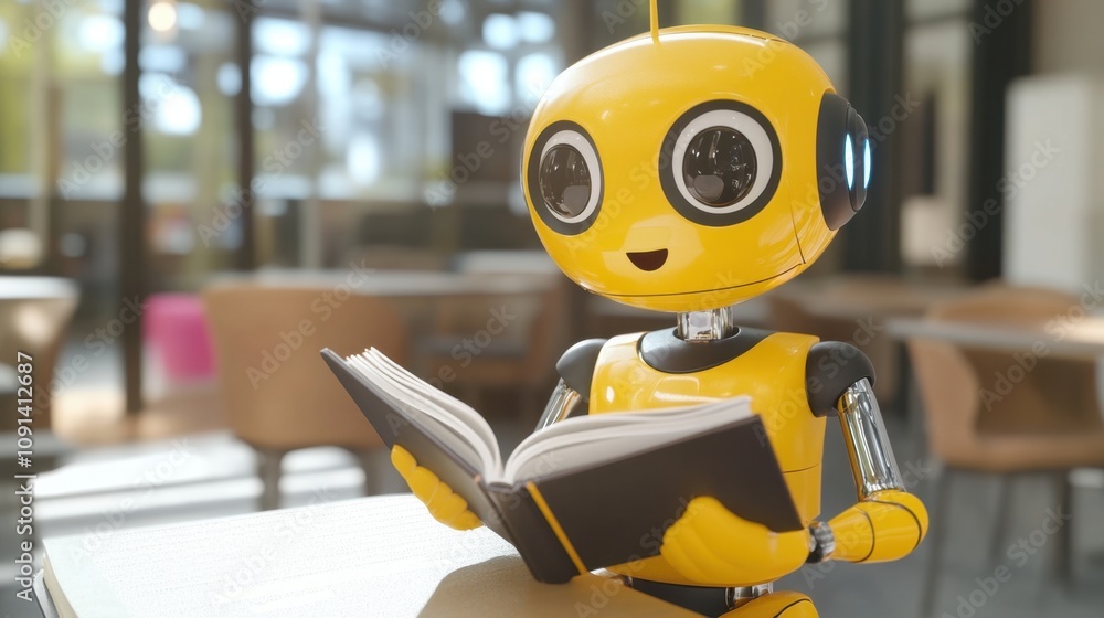 Poster cheerful yellow robot reading a book in a modern library setting with soft natural light and cozy fu