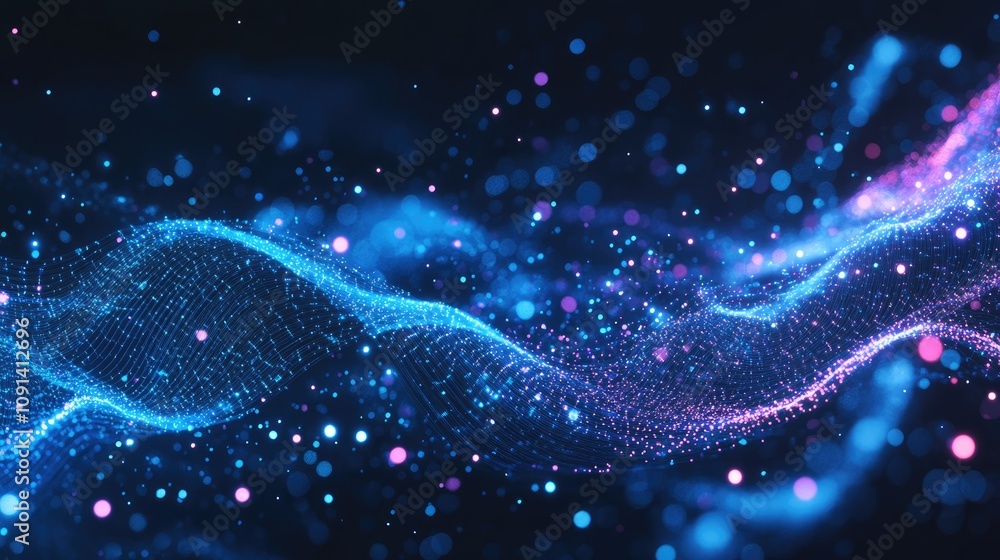 Poster vibrant abstract background showcasing luminous blue and pink energy particles with flowing wavy lin