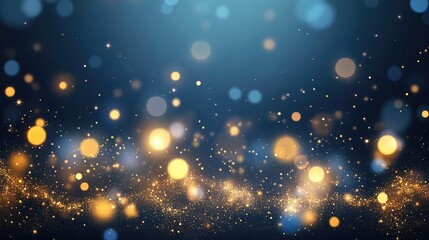 Fototapeta premium Abstract dark blue background adorned with shimmering gold particles and illuminated bokeh effects, creating a festive atmosphere reminiscent of sparkling stars and shimmering foil.