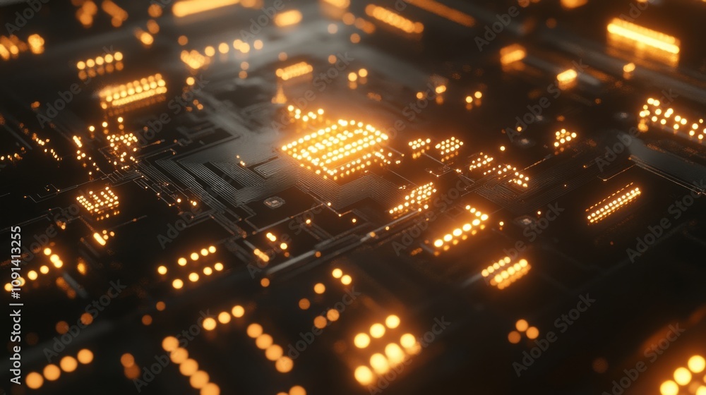 Aufkleber this captivating close-up showcases a circuit board illuminated by vibrant orange lights, revealing 