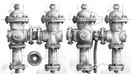 Fototapeta premium Detailed technical drawings of four fire hydrants, showing different perspectives and components, with annotations and measurements.