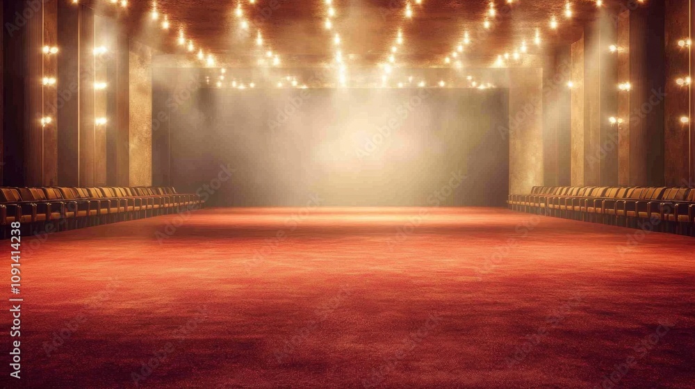 Poster elegant empty stage with bright lights and red carpet ready for a fashion show or performance in a l